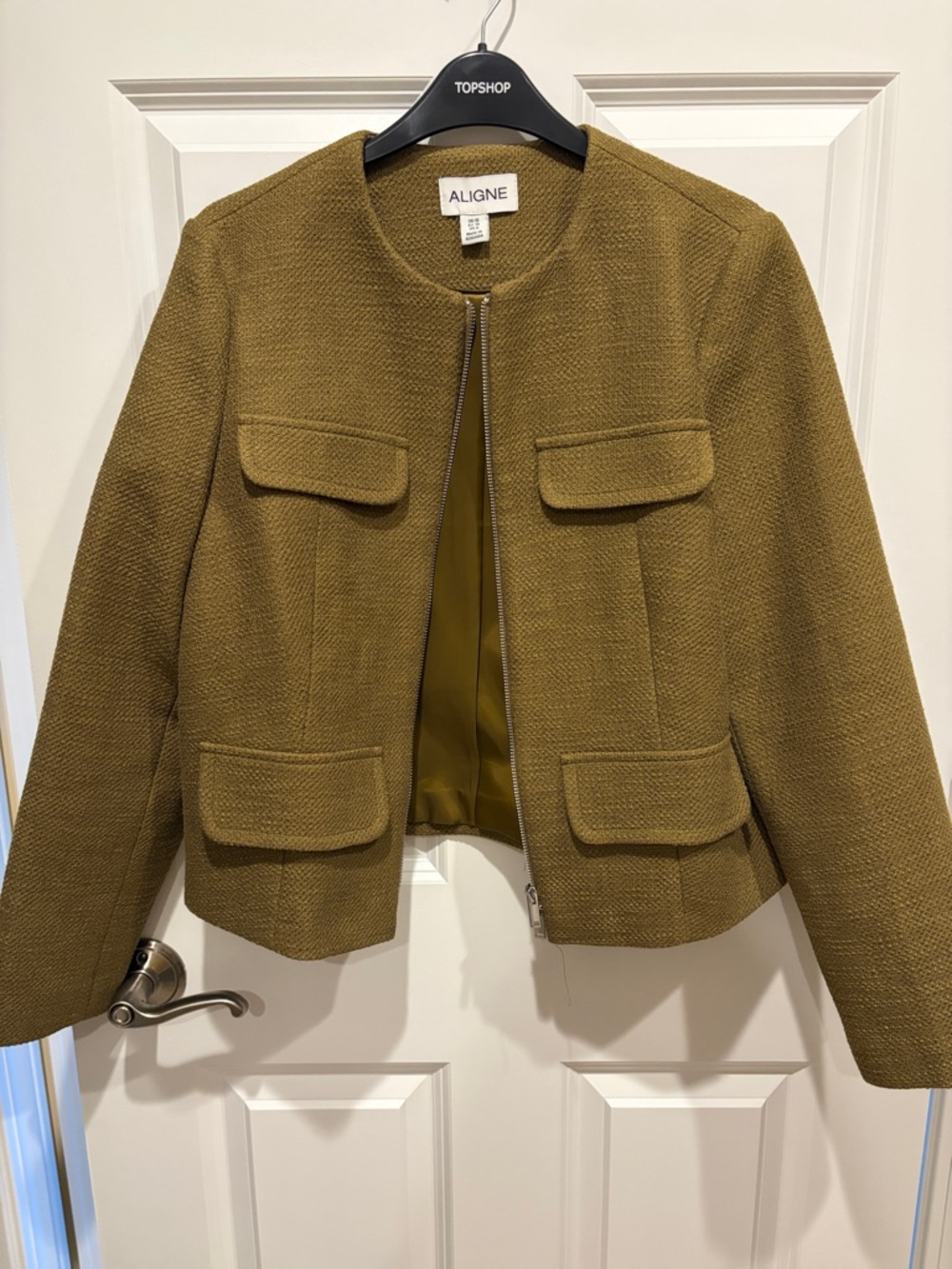 Aligne Olive Green Textured Zip-Front Blazer